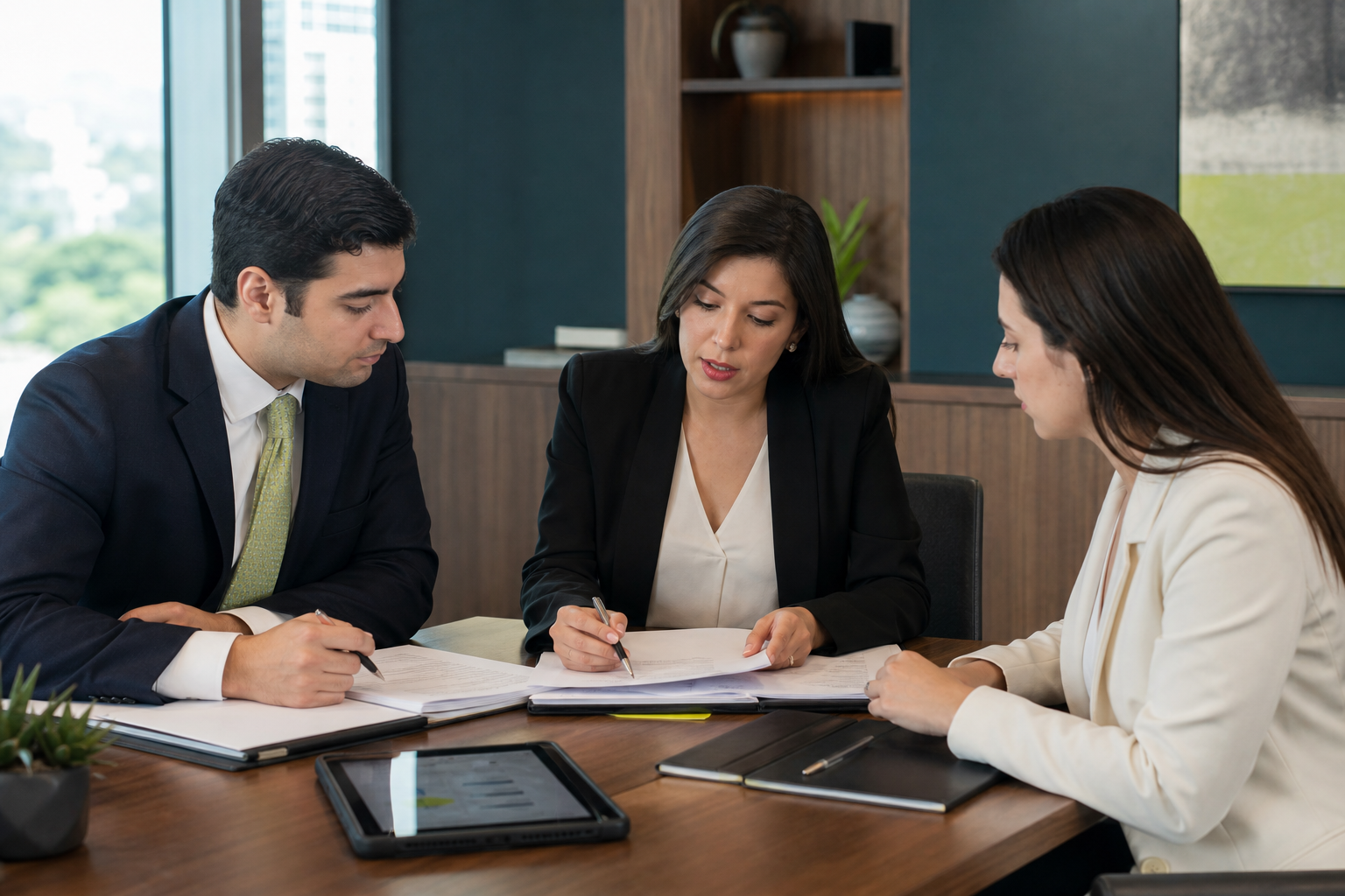Equipo profesional analizando una estrategia de representación