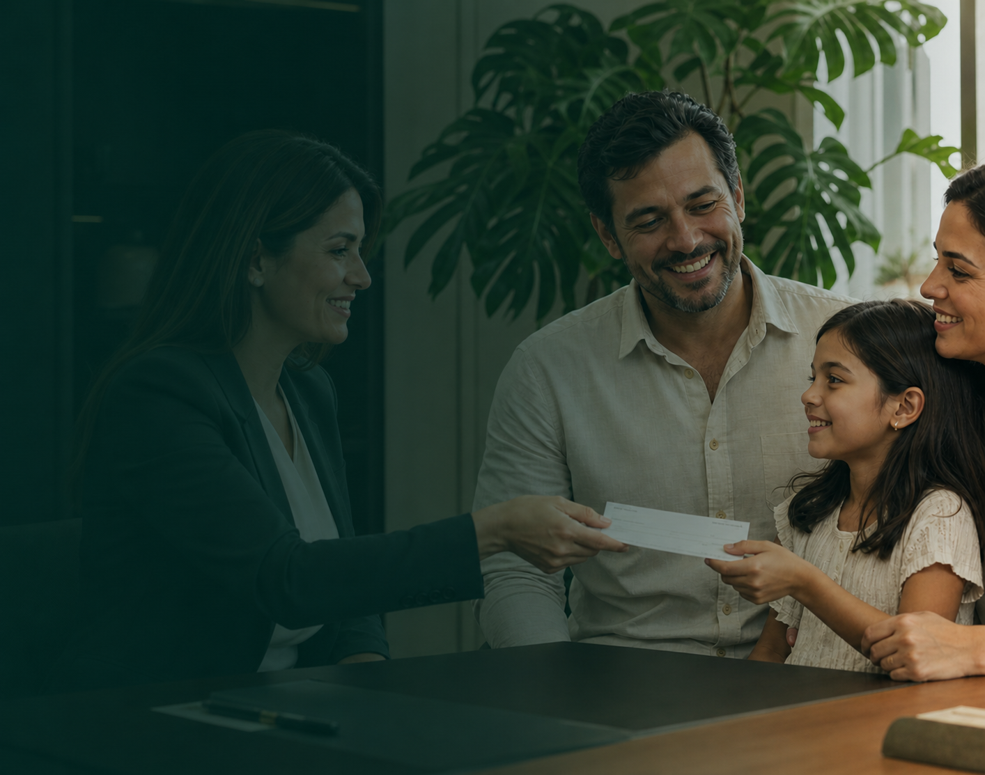 Una profesional entrega un cheque a una familia